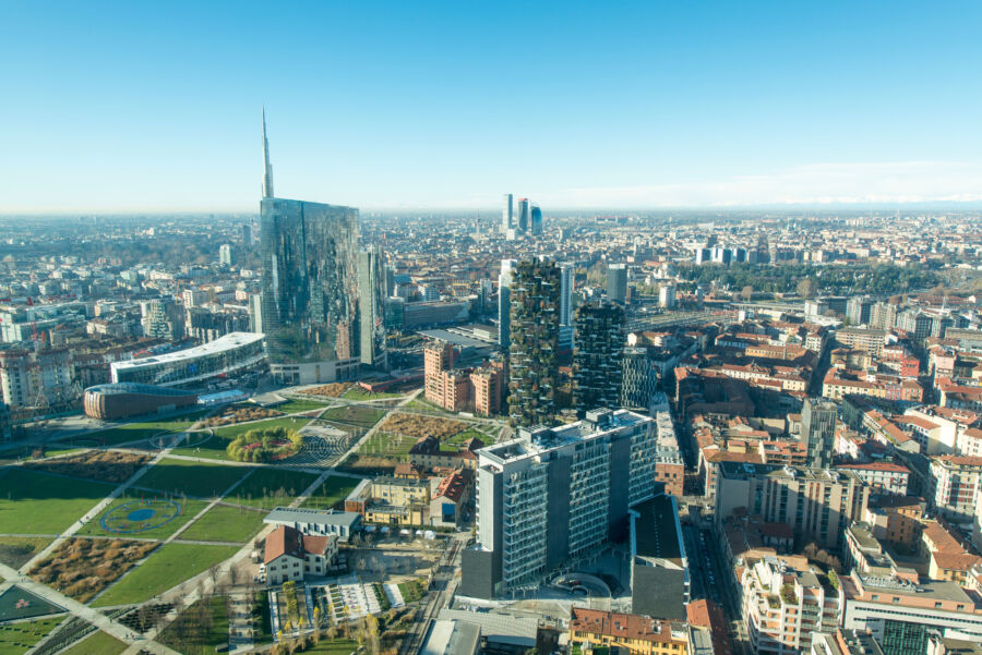 Panoramic view of Milan's cityscape featuring modern skyscrapers in the Porta Nuova district, showcasing Italian architecture