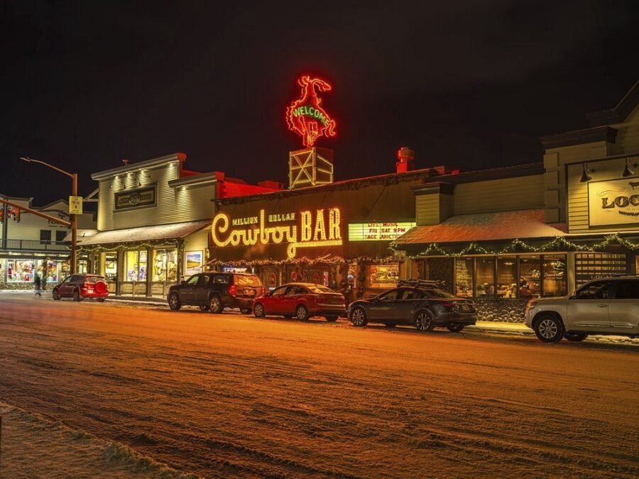 Exterior and sign of the Million Dollar Cowboy Bar in Jackson Hole