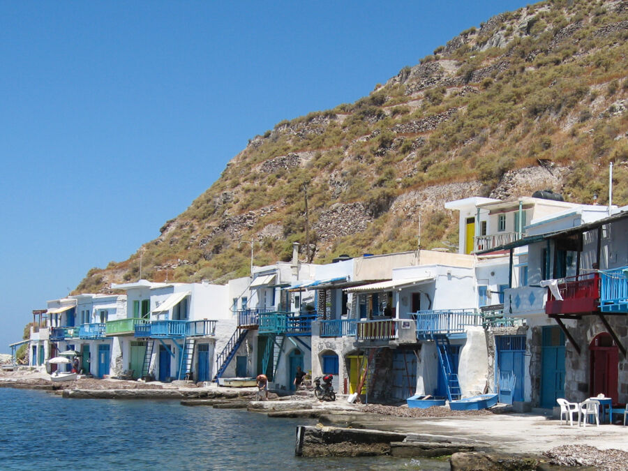 Expansive blue sky above Milos, Greece, highlighting the serene beauty of the island's natural environment.