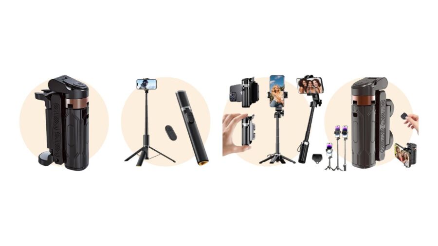Collection of various selfie sticks, including mini tripods designed for solo travel photography.