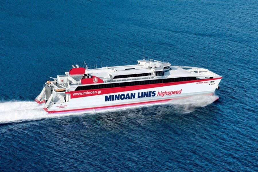High-speed Minoan Lines ferry travels the Mediterranean with sleek design and vibrant colors.