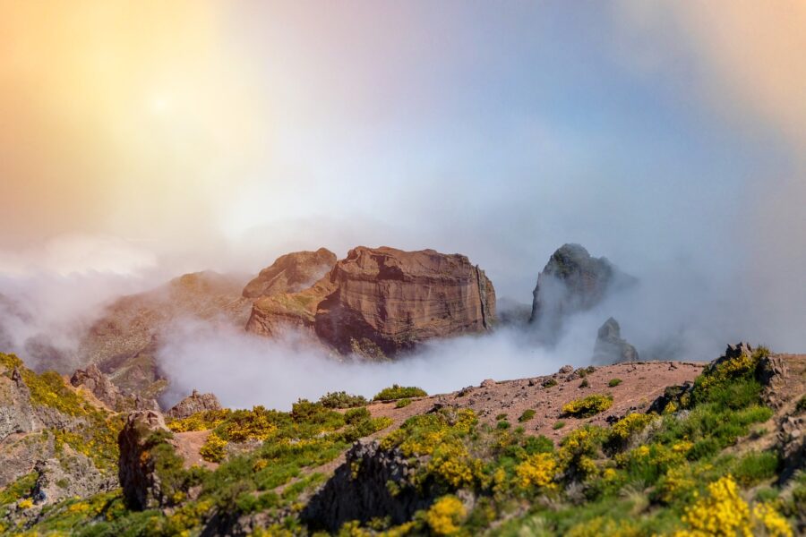 Misty mountain landscape with rugged peaks, lush greenery, and golden sky.