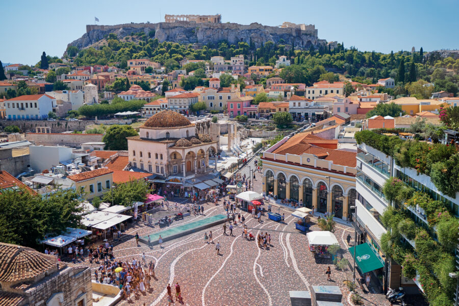 Skyline of Athens featuring Monastiraki Square and the Acropolis hill, showcasing the city's historic architecture