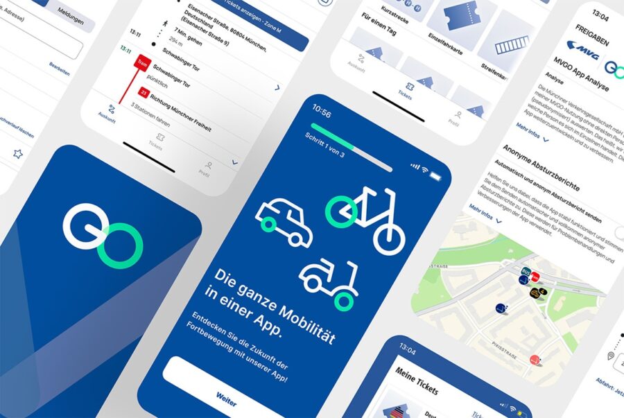Mobility app UI mockup showing onboarding, transit maps, tickets, and settings.