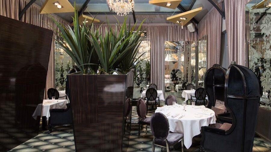 Modern luxury restaurant interior with chandelier, high-backed chairs, and elegant dining setting.