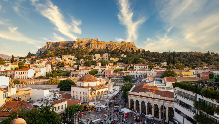 Aerial view of Monastiraki Square in Athens, showcasing bustling crowds and historic architecture