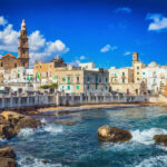 Scenic cityscape of Monopoli, Bari, showcasing charming architecture and coastal views under a clear blue sky