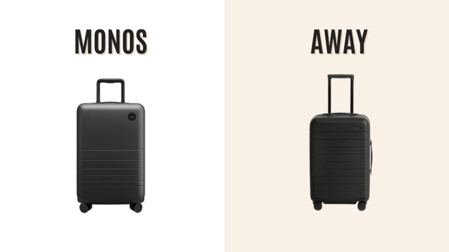 Split image comparing two black suitcases, "Monos" on left, "Away" on right. Both have handles extended and wheels, conveying a modern, sleek design.