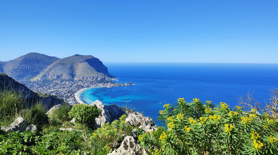 Scenic view of Mondello Beach from Monte Pellegrino, showcasing the beauty of Palermo, Sicily