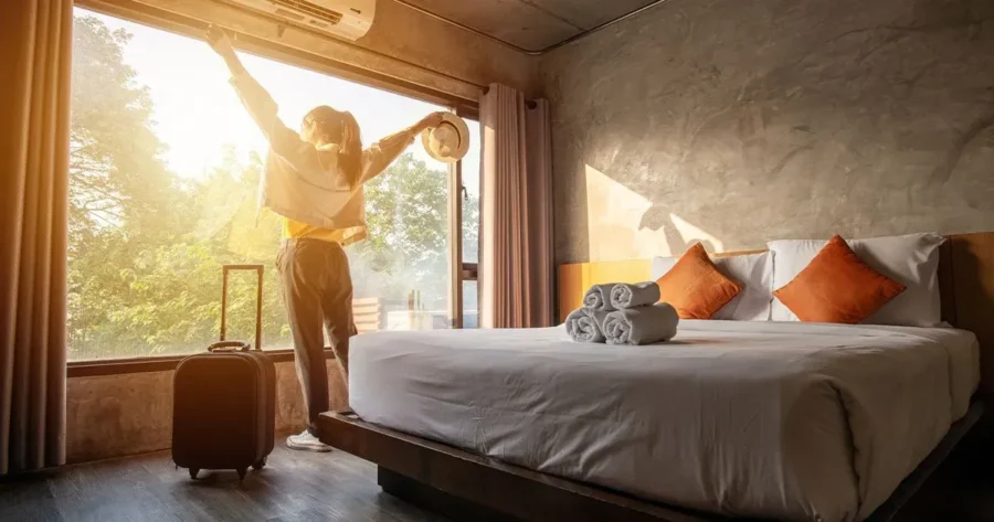 Traveler enjoying morning sunshine in modern hotel room with lush view and stylish design.