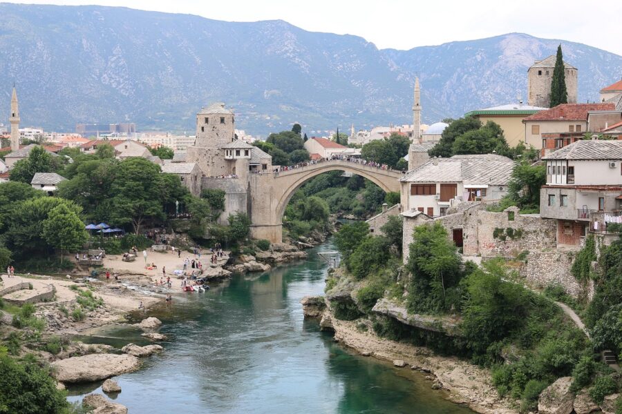 Stari Most Bridge in Mostar, Bosnia: historic Ottoman architecture over Neretva River.
