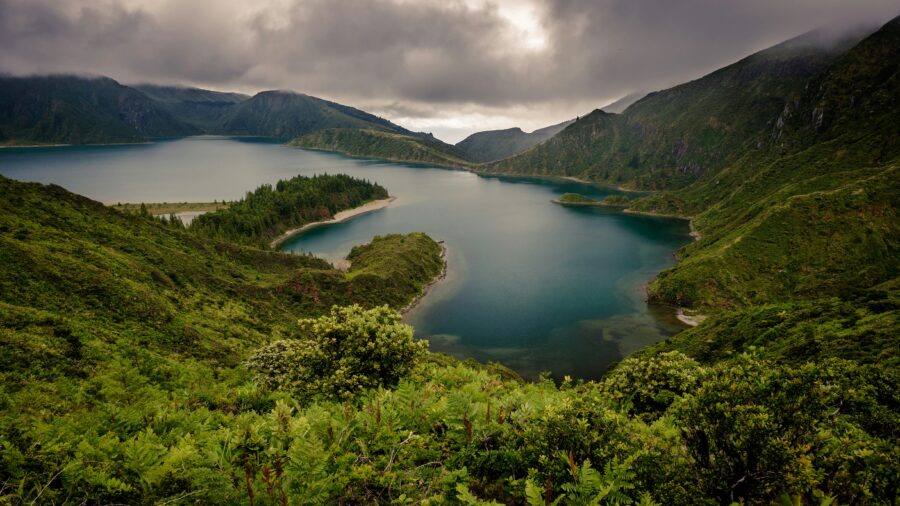 Aerial view of Lagoa do Fogo crater lake, Sao Miguel Azores.