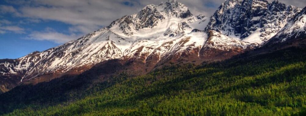 Snowy mountain peaks, lush green valley, tranquil river, wooden bridge, serene landscape.