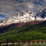 Snowy mountain peaks, lush green valley, tranquil river, wooden bridge, serene landscape.