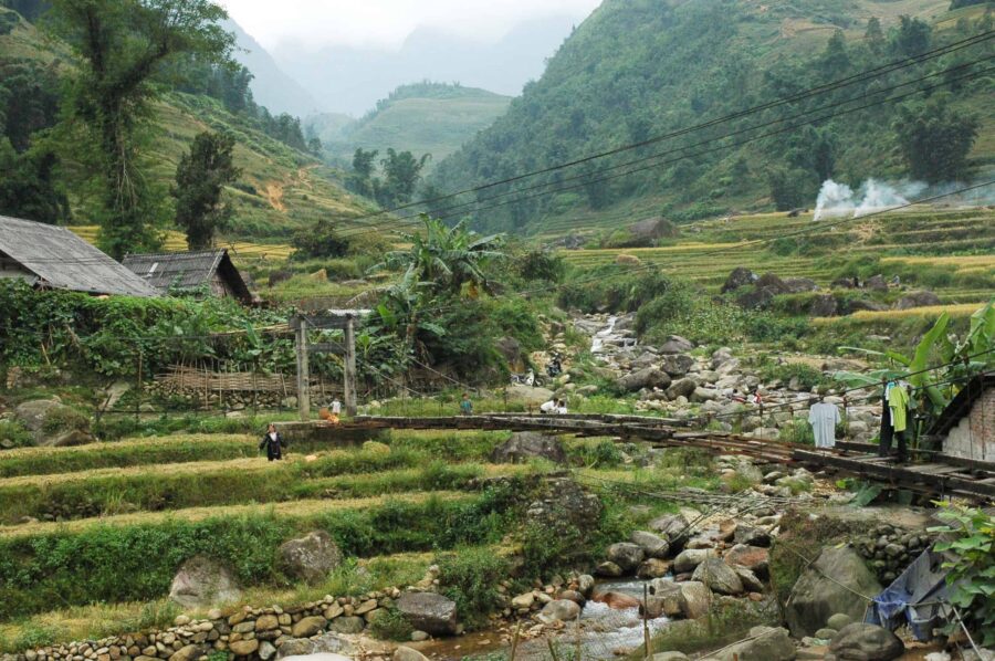 Ta Van Village mountain terraced rice fields with wooden bridge, stream, rural houses and misty hills.
