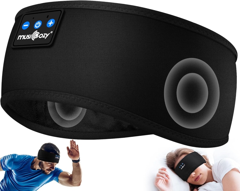 Man in a Bluetooth headband and a woman in a blue shirt, showcasing the MUSICOZY Bluetooth Sleep Mask.