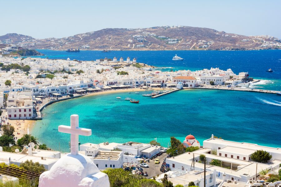 Panoramic landscape of Mykonos island, featuring traditional architecture and the Aegean Sea in the Cyclades, Greece