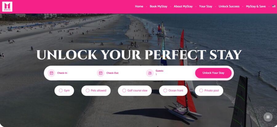 MyStay HHI Website displayed on a pink background, showcasing a vibrant beach image.
