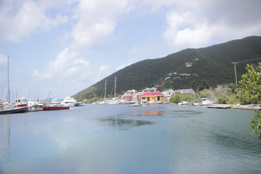 Scenic view of Nanny Cay, a beach resort in Tortola, British Virgin Islands, featuring palm trees and clear blue waters
