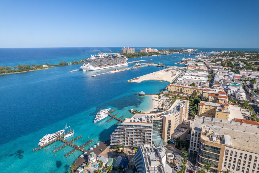 Panoramic drone view capturing the downtown area of Nassau and the scenic Paradise Island in the Bahamas