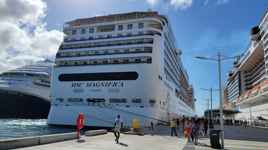 Large cruise ship named "MSC Magnifica" docked at a bustling port under a bright blue sky. People walk along the pier, creating a lively atmosphere.