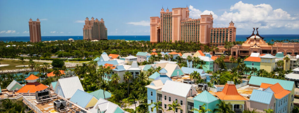 Aerial view of Atlantis Hotel on Paradise Island, showcasing its distinctive architecture and surrounding turquoise waters.