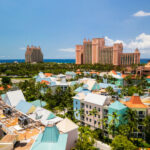 Aerial view of Atlantis Hotel on Paradise Island, showcasing its distinctive architecture and surrounding turquoise waters.