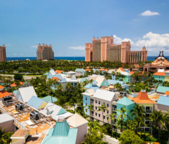 Aerial view of Atlantis Hotel on Paradise Island, showcasing its distinctive architecture and surrounding turquoise waters.
