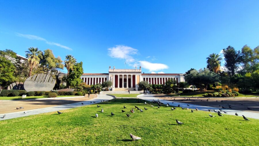 Exterior view of the National Archaeological Museum in Athens, Greece. The museum is situated on Patision street adjacent to the Exarcheia neighborhood