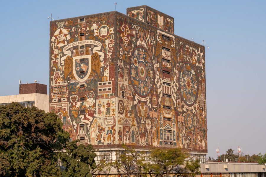 Stunning view of the National Autonomous University of Mexico's intricate facade, showcasing its architectural beauty