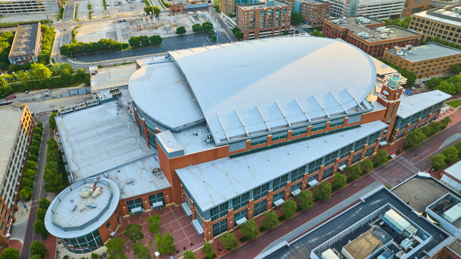 Aerial view of Nationwide Arena, showcasing the stadium's structure in Columbus, Ohio, surrounded by cityscape