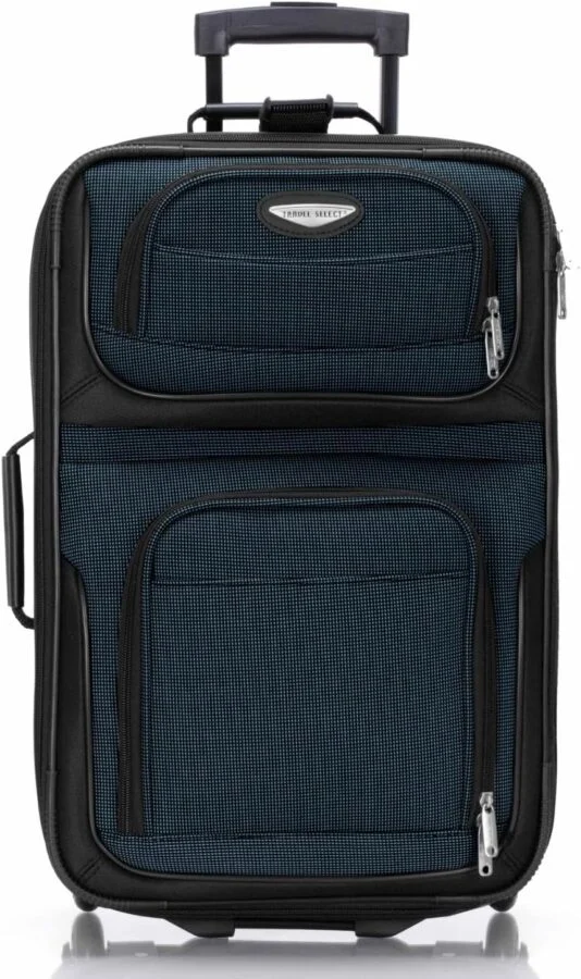 Navy Travel Select soft-sided carry-on suitcase with wheels and front zip pockets.