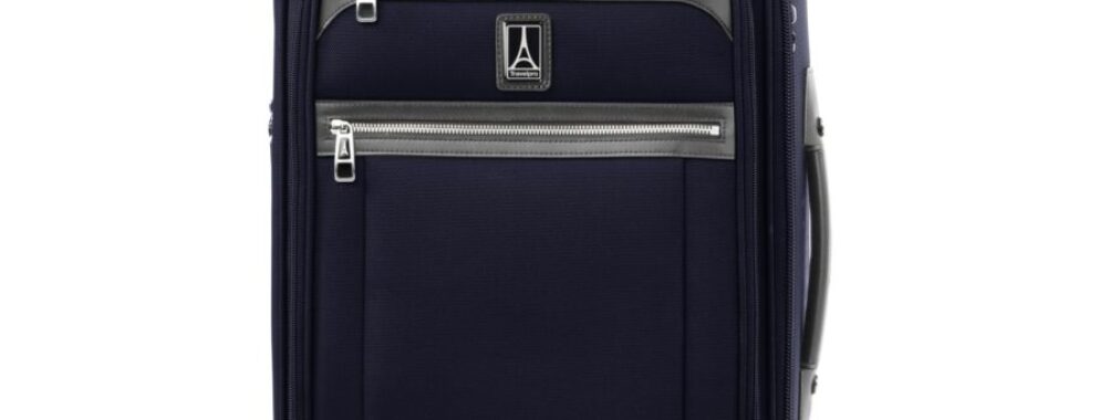 Navy soft-sided carry-on suitcase with spinner wheels and telescoping handle.