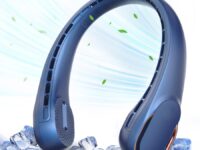 Innovative blue neck-mounted headphones with ergonomic design and cooling features.