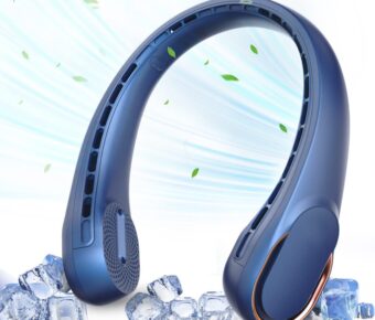 Innovative blue neck-mounted headphones with ergonomic design and cooling features.