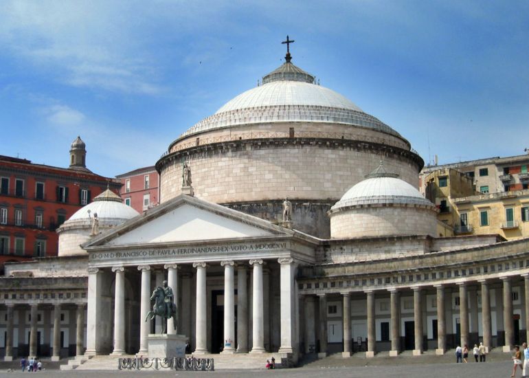 Basilica di San Francesco di Paola neoclassical dome and colonnade on sunlit piazza.