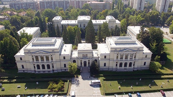Aerial view of National Museum of Bosnia and Herzegovina neoclassical complex in Sarajevo city.