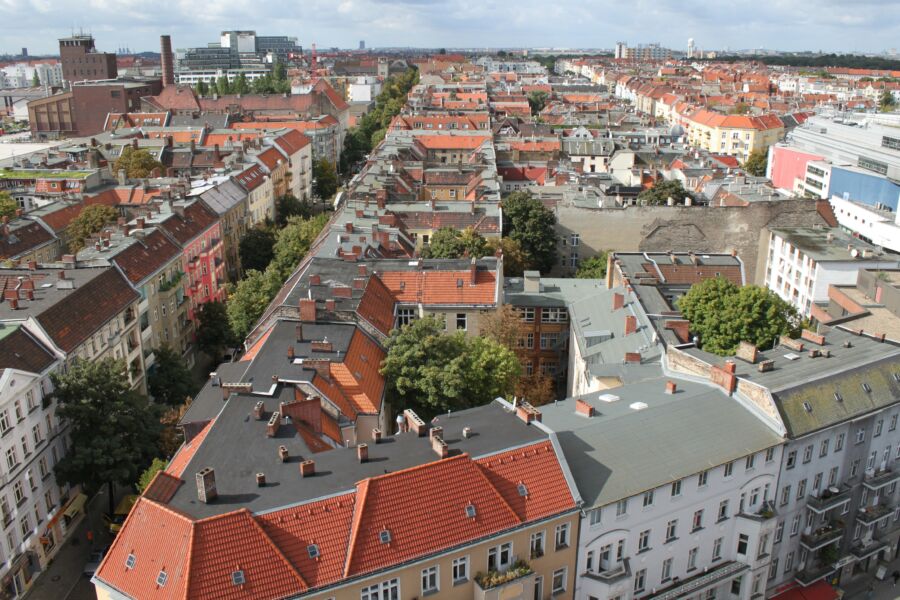 Panoramic view from the town hall tower in Berlin-Neukölln, highlighting historic buildings on Boddinstraße to the west