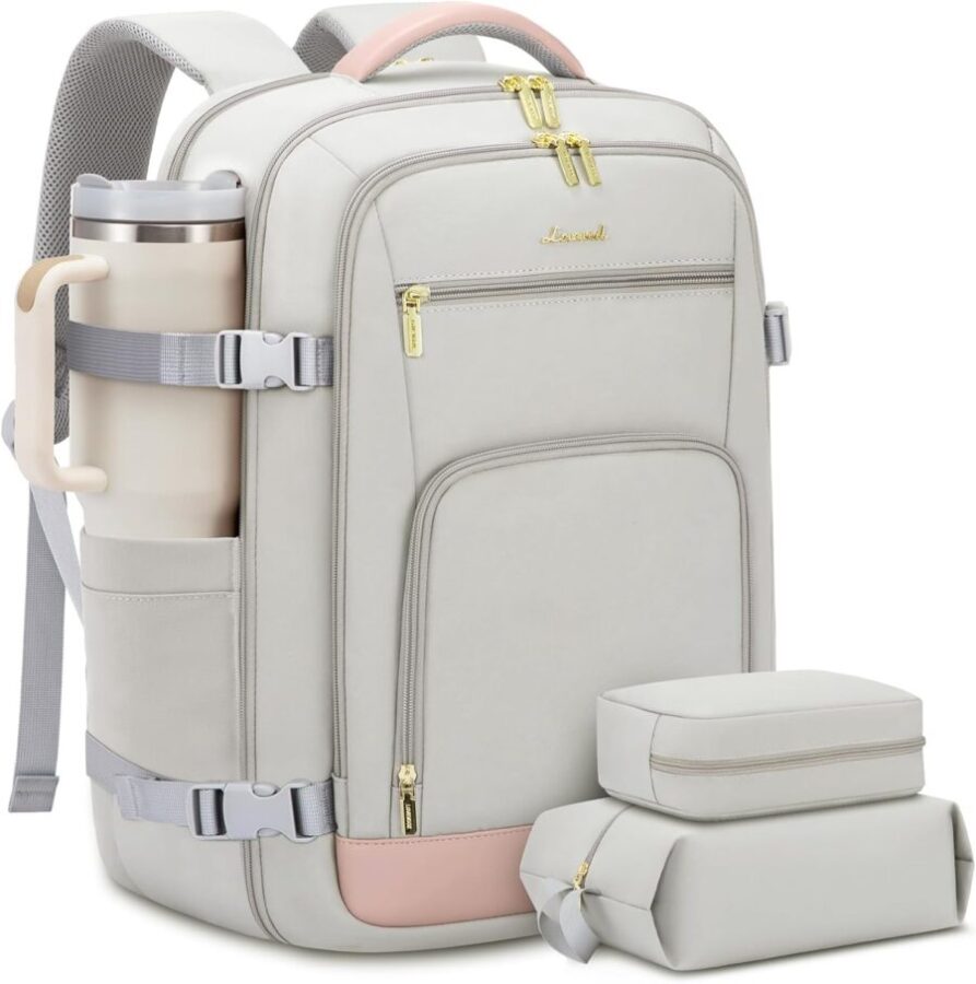 LOVEVOOK neutral blush travel backpack with gold zippers, multiple pockets, insulated bottle sleeve.