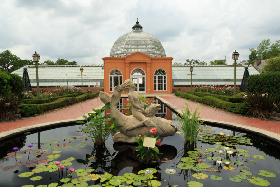 The Conservatory of Two Sisters, a lush greenhouse, showcases diverse plant species in the New Orleans Botanical Garden