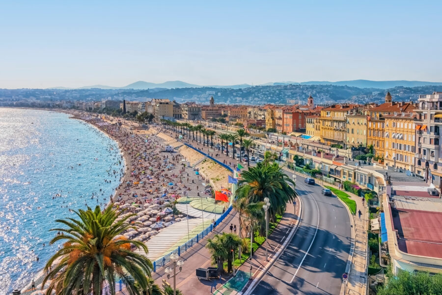 erial view of Nice, showcasing the vibrant city along the French Riviera with its coastline and urban landscape.