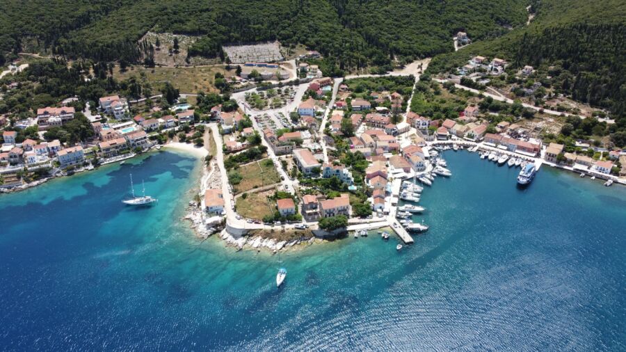 Aerial view of Nidri town, Lefkada Island, showcasing its vibrant landscape