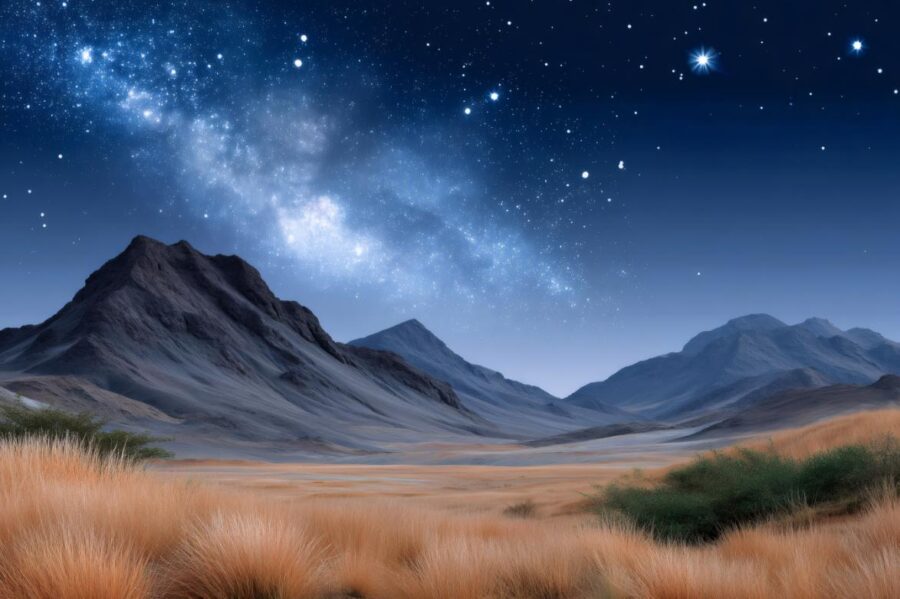 Tucson Milky Way night sky with stars over desert grass and mountains.