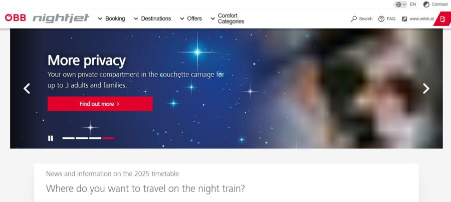 Landing page for Nightjet showcasing train routes, booking options, and travel information in a visually appealing layout.
