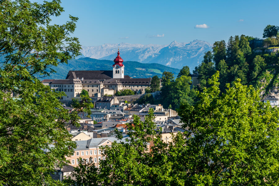 Nonnberg Abbey in Salzburg, a historic monastery with stunning architecture and scenic mountain backdrop.
