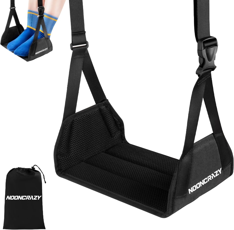 NOONCRAZY Airplane Foot Hammock with a pair of socks and shoes displayed on a black seat.
