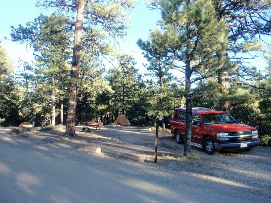Red truck is parked in a forest setting at North Campground, Bryce Canyon National Park, surrounded by lush greenery.