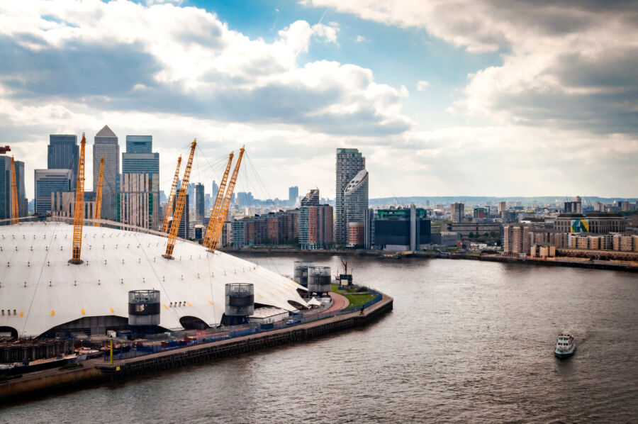 Aerial view of River Thames and O2 Arena in North Greenwich, London