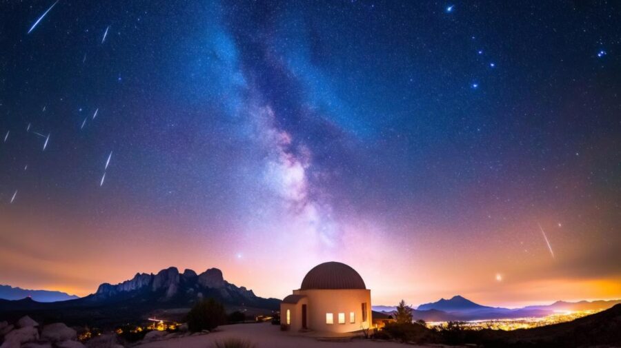 Arizona observatory under Milky Way night sky with stars and meteors.
