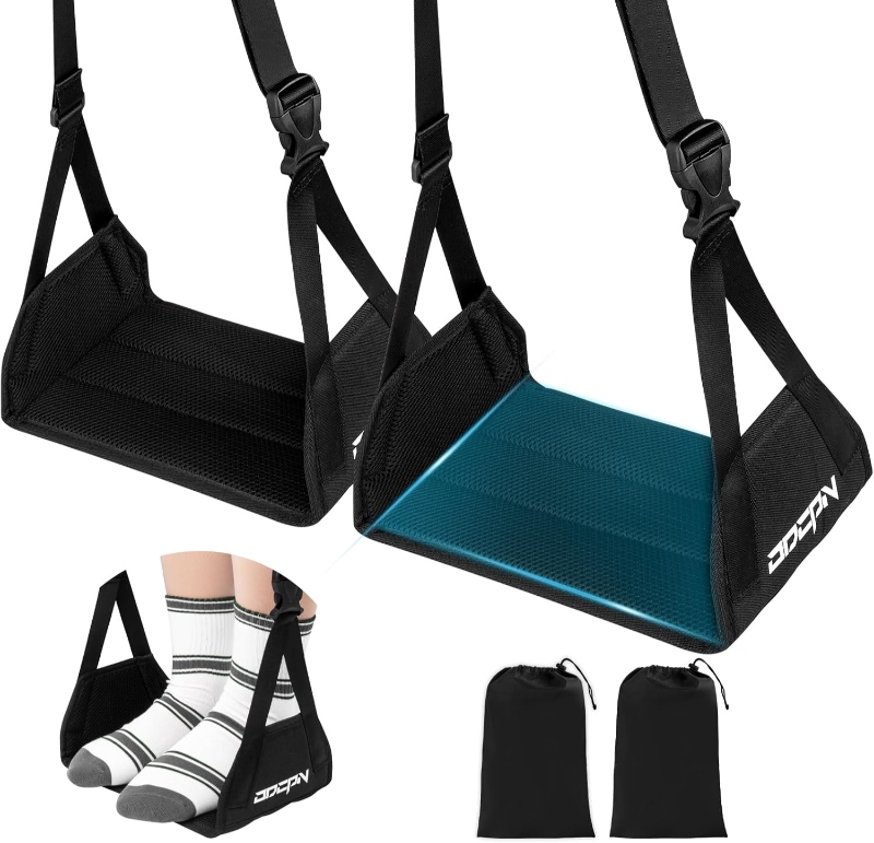Two pairs of socks displayed, including ODCPN 2-Pack Airplane Foot Hammocks designed for enhanced travel comfort.